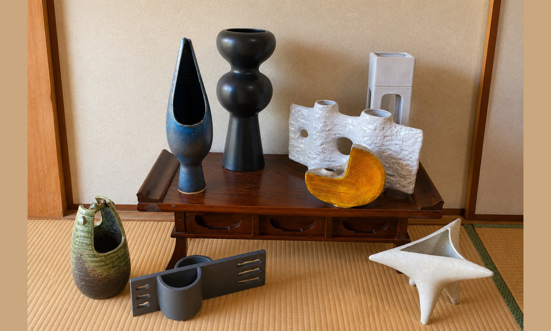 Selection of sold vintage Japanese ikebana vases displayed in full